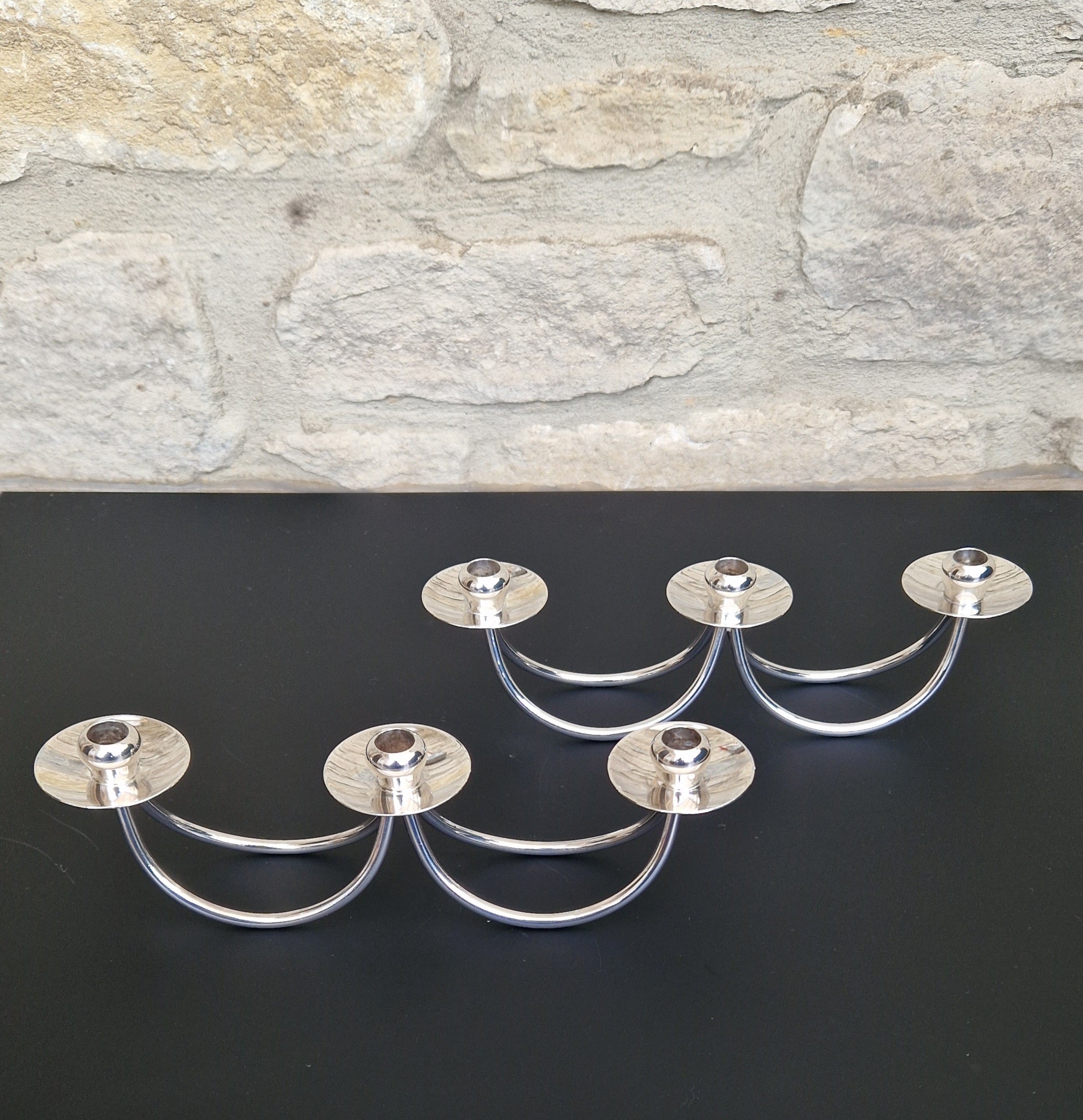 1960's Berg 'Selandia' Danish 3 Branch Minimalist Candelabra Candle Holders x 2