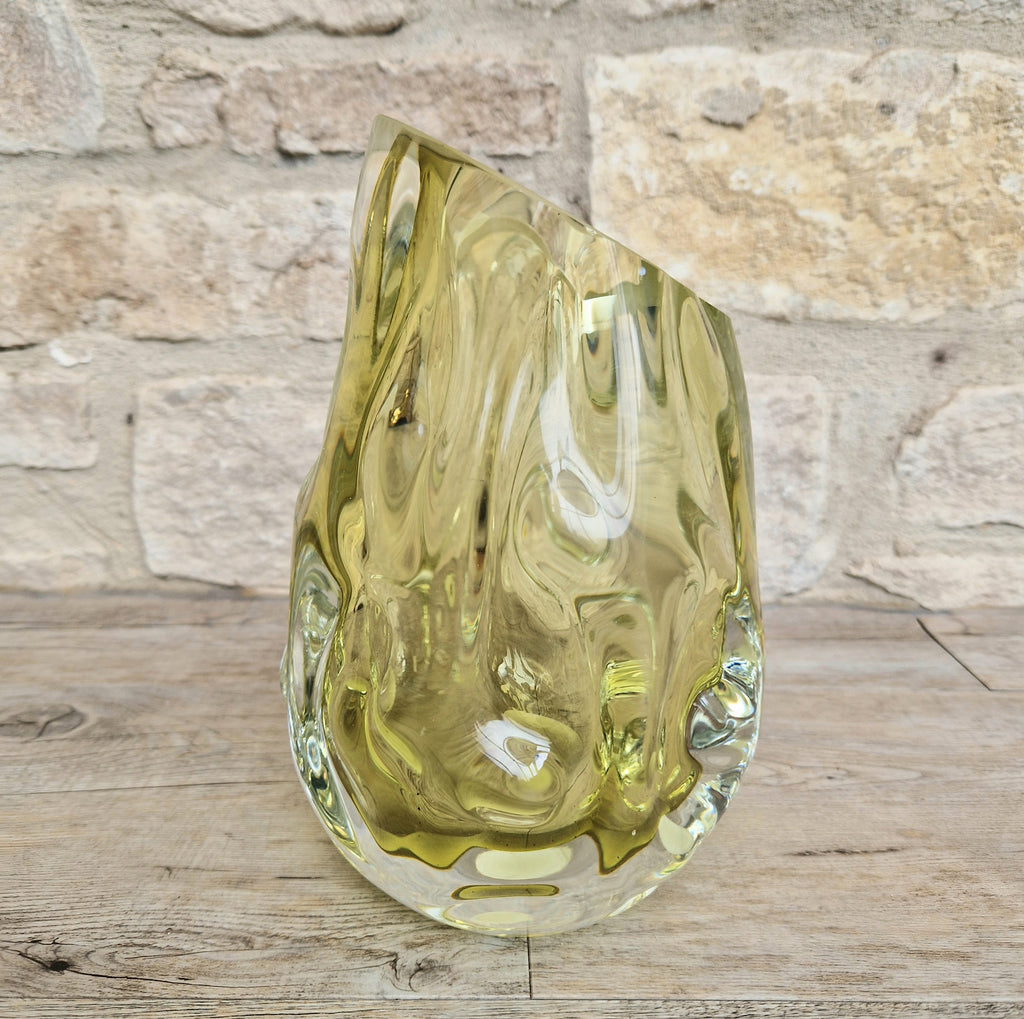 Murano Burri Glass Asymetrical Vase Light Olive Green Heavy Textured Vintage