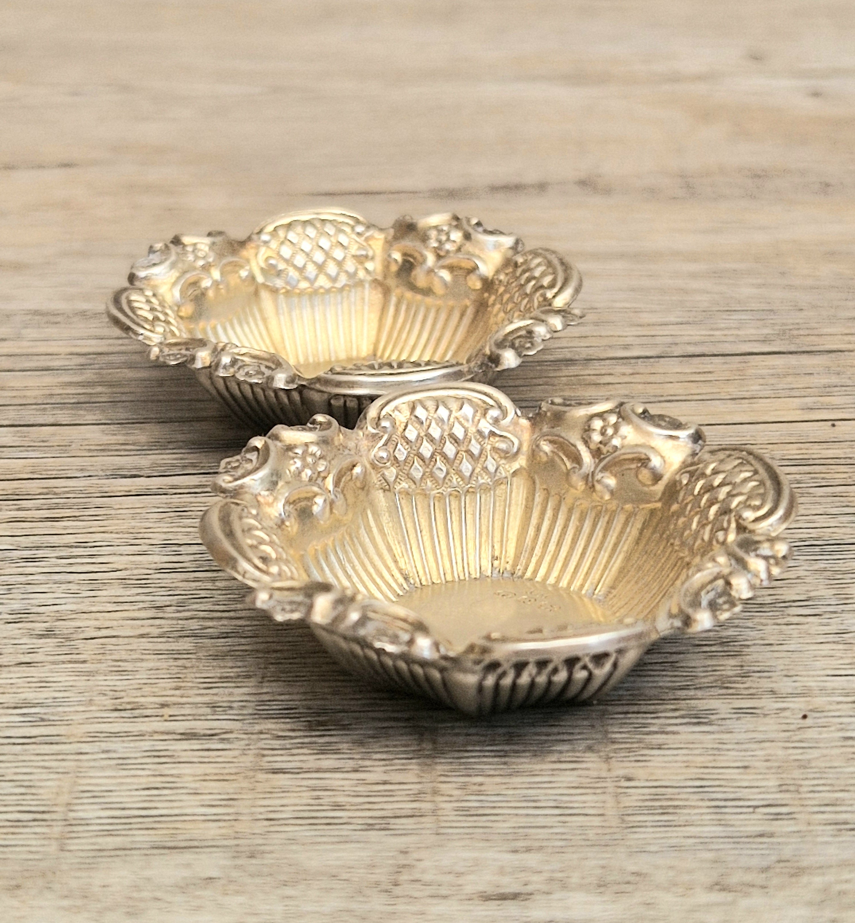 2 x 1897 Sterling Silver Ornate Open Salts by Thomas Hazlewood Birmingham England Antique