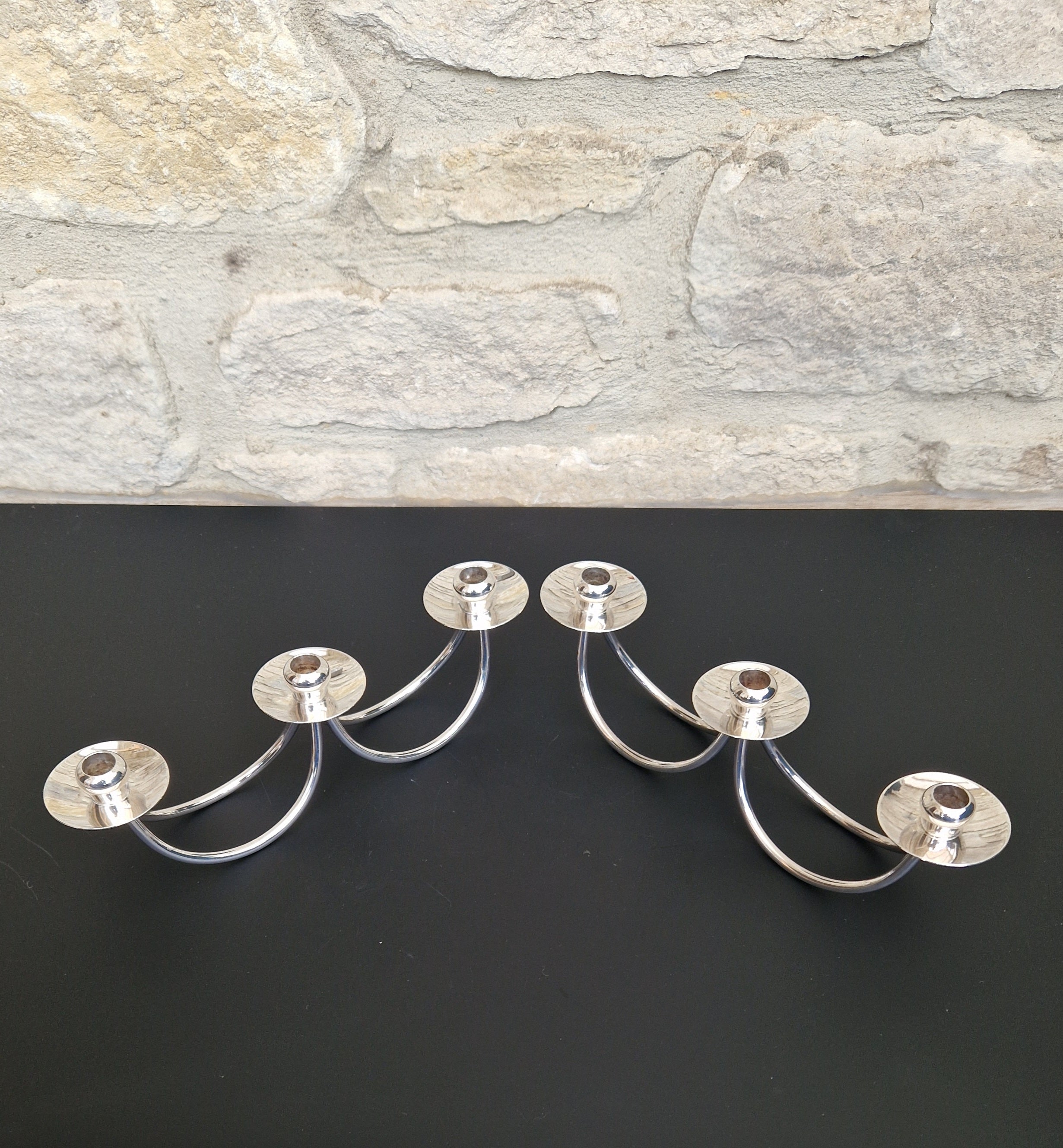 1960's Berg 'Selandia' Danish 3 Branch Minimalist Candelabra Candle Holders x 2