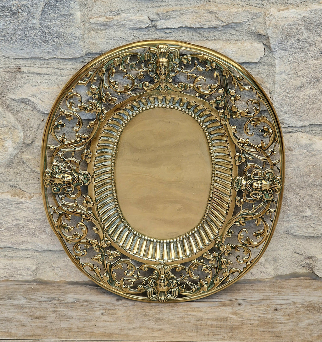 Antique 19thC Baroque Cast Brass Architectural Mount Appliqué Ornate Mascaron Filigree Vanity Card Tray Plate Hand-Tooled Pattern 1018