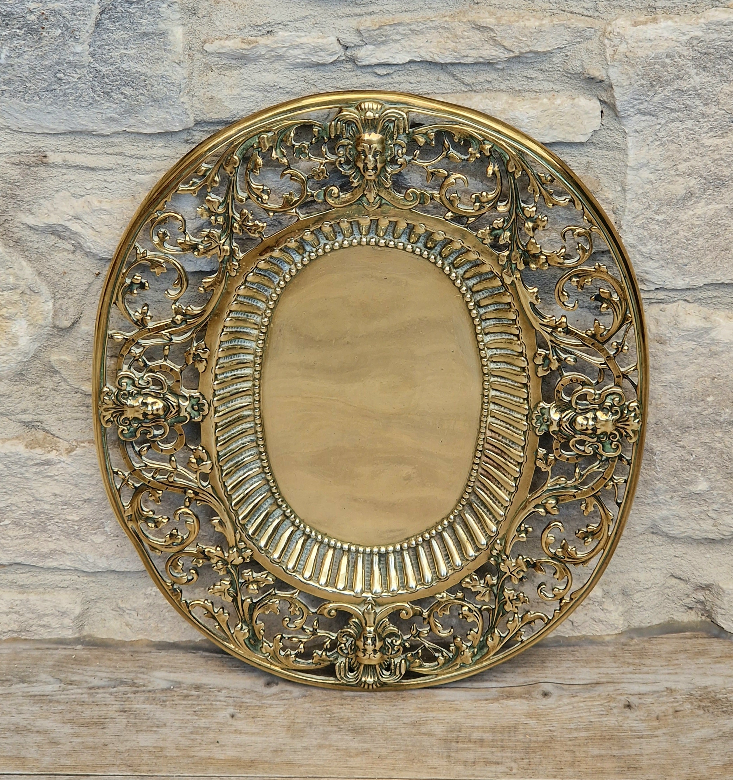 Antique 19thC Baroque Cast Brass Architectural Mount Appliqué Ornate Mascaron Filigree Vanity Card Tray Plate Hand-Tooled Pattern 1018