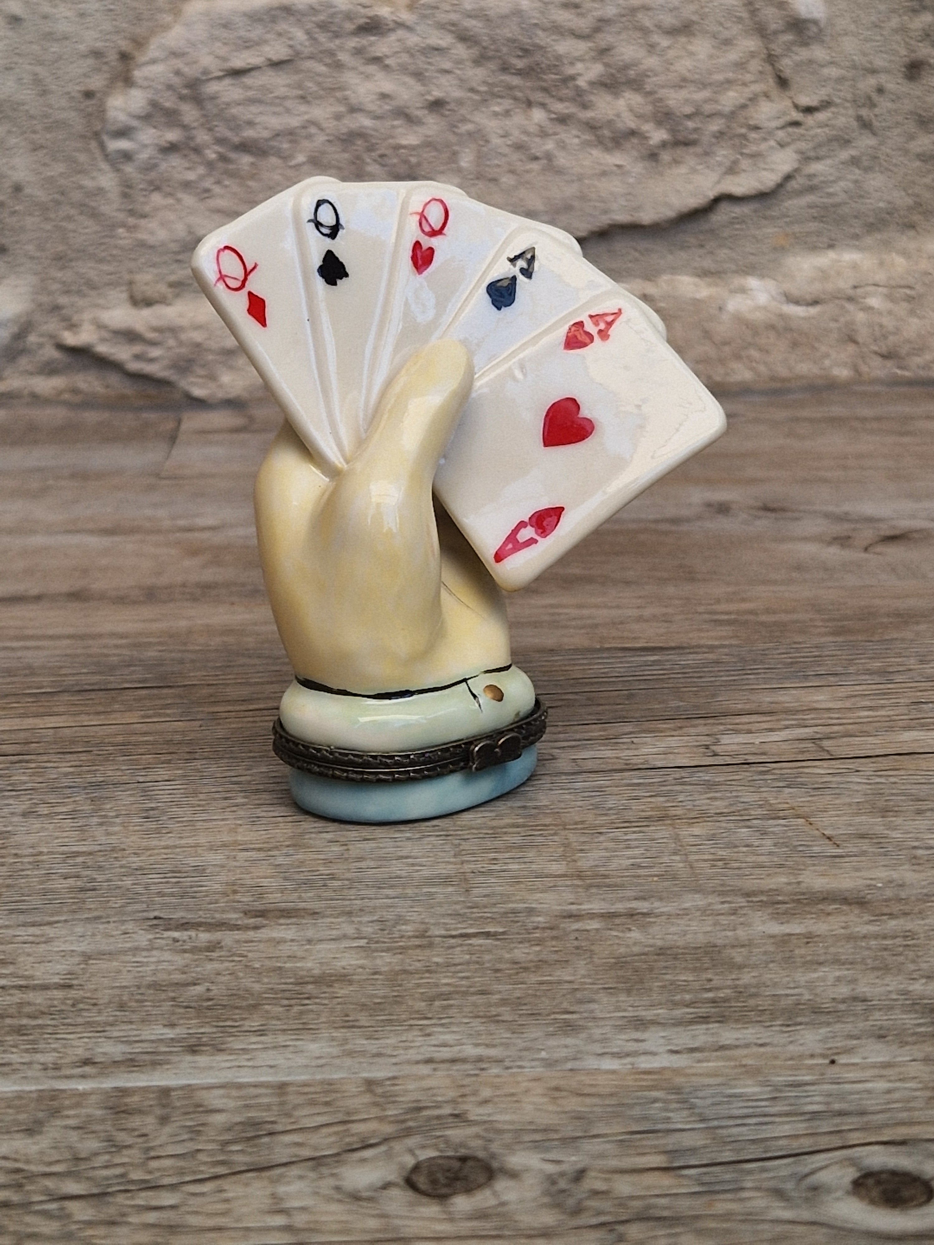 Vintage Rare Limoges Ceramic Poker Hand Full House Card Trinket Pill Box Casino