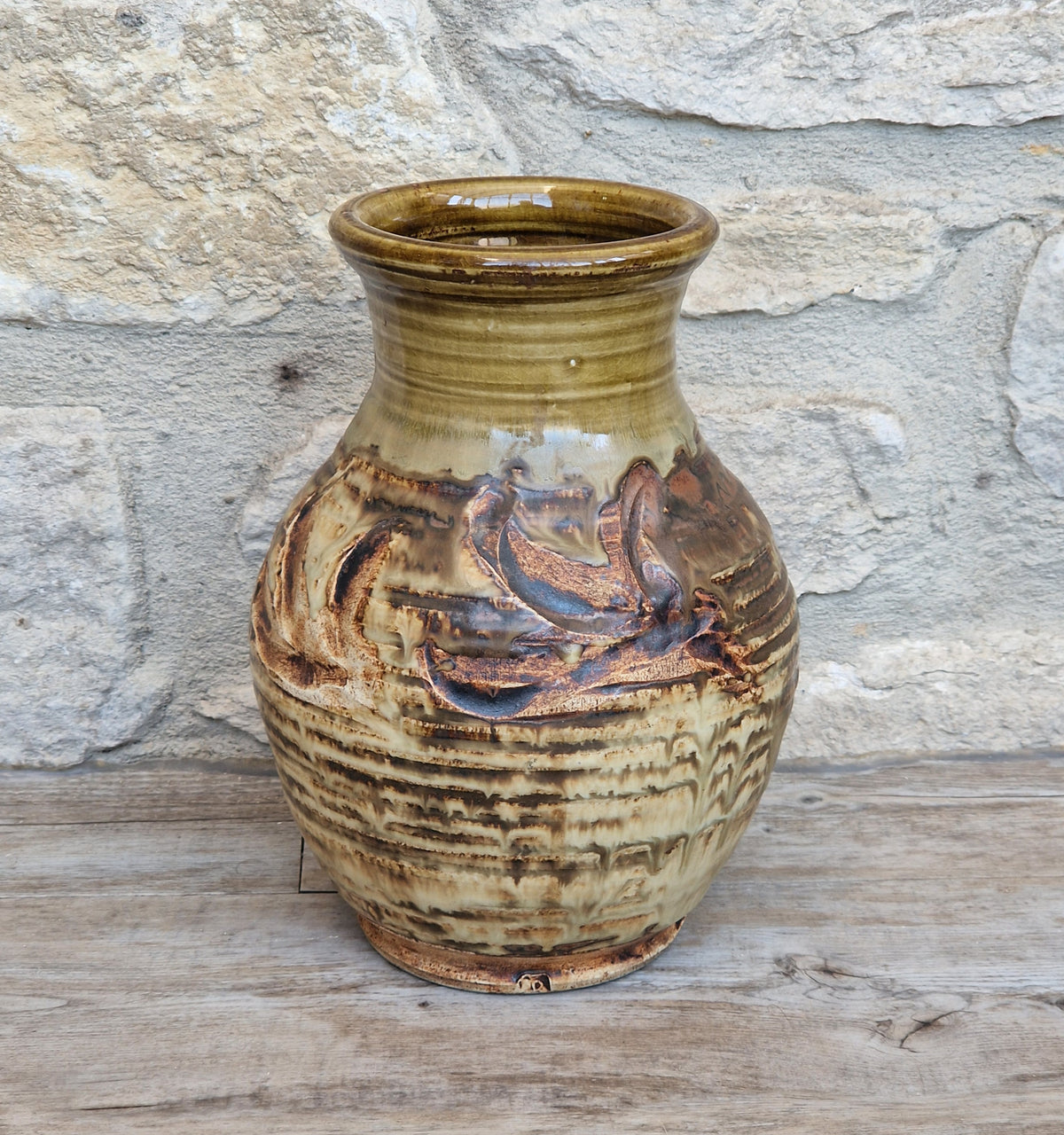Vintage Studio Art Pottery Urn Vase Olive Green Ribbed Decoration 20cm Impressed Mark & Signed