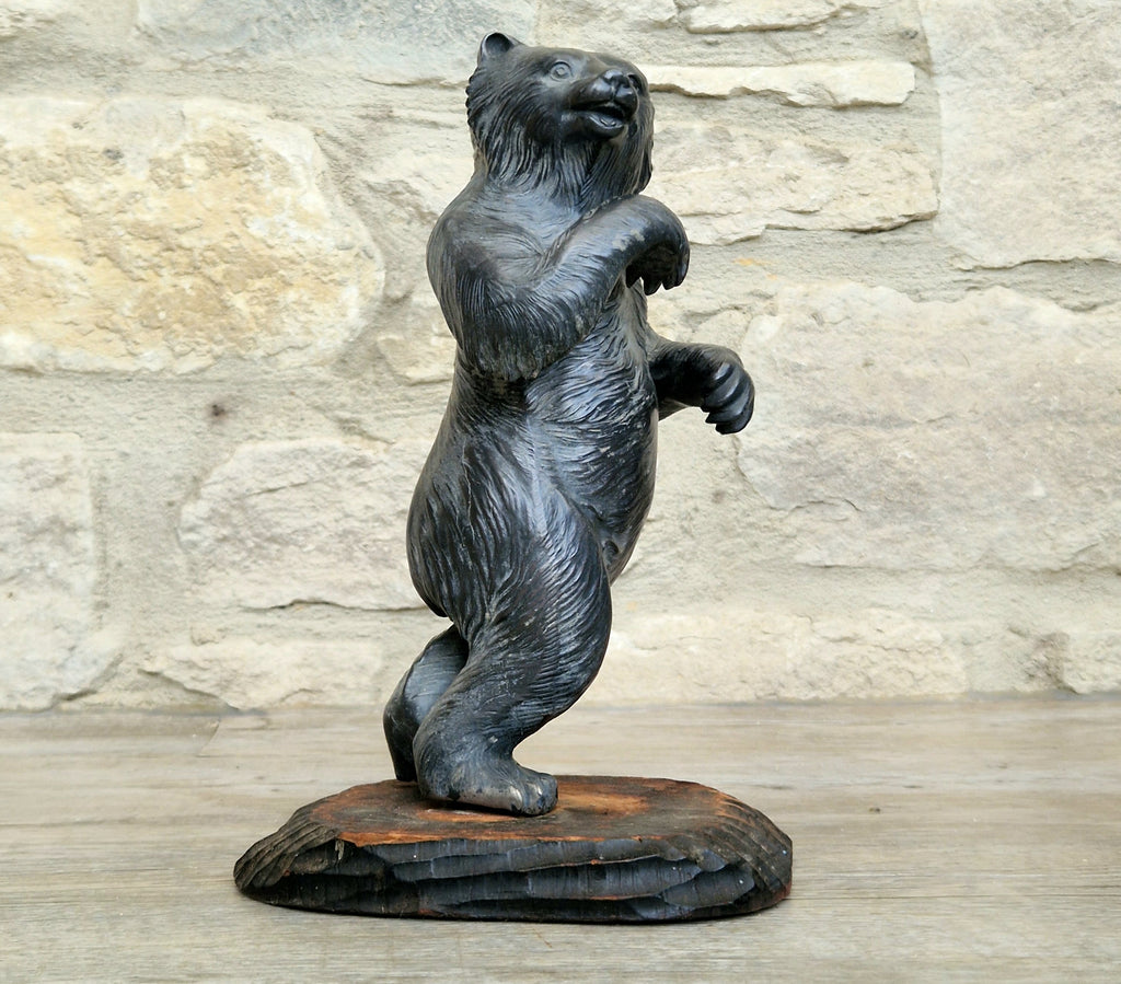 Cast Spelter Standing Bear Sculpture On Rustic Wood Base Rare Antique Art Deco