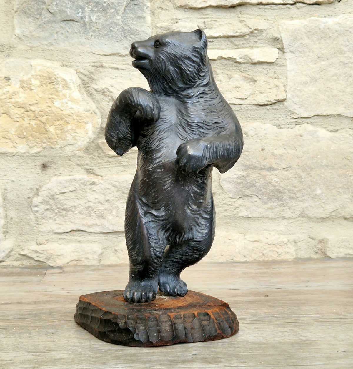 Cast Spelter Standing Bear Sculpture On Rustic Wood Base Rare Antique Art Deco