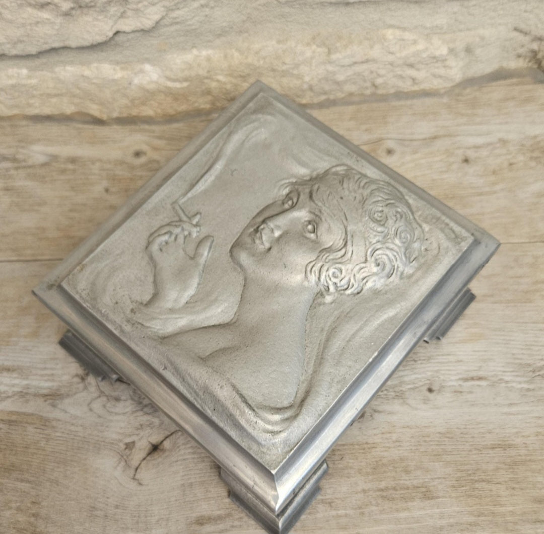 Art Nouveau Lady Aluminium Lidded Box Made in London England Stamped (1905-1924) 13.5cm Square X 6.5cm Tall Arts and Crafts Box