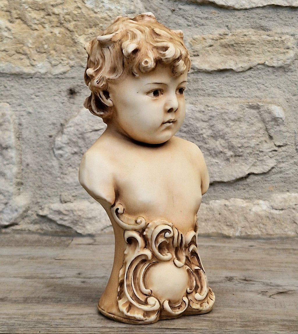 Antique NeoClassical Continental Patinated Bisque Porcelain Putti Boy Bust Figure Ornament