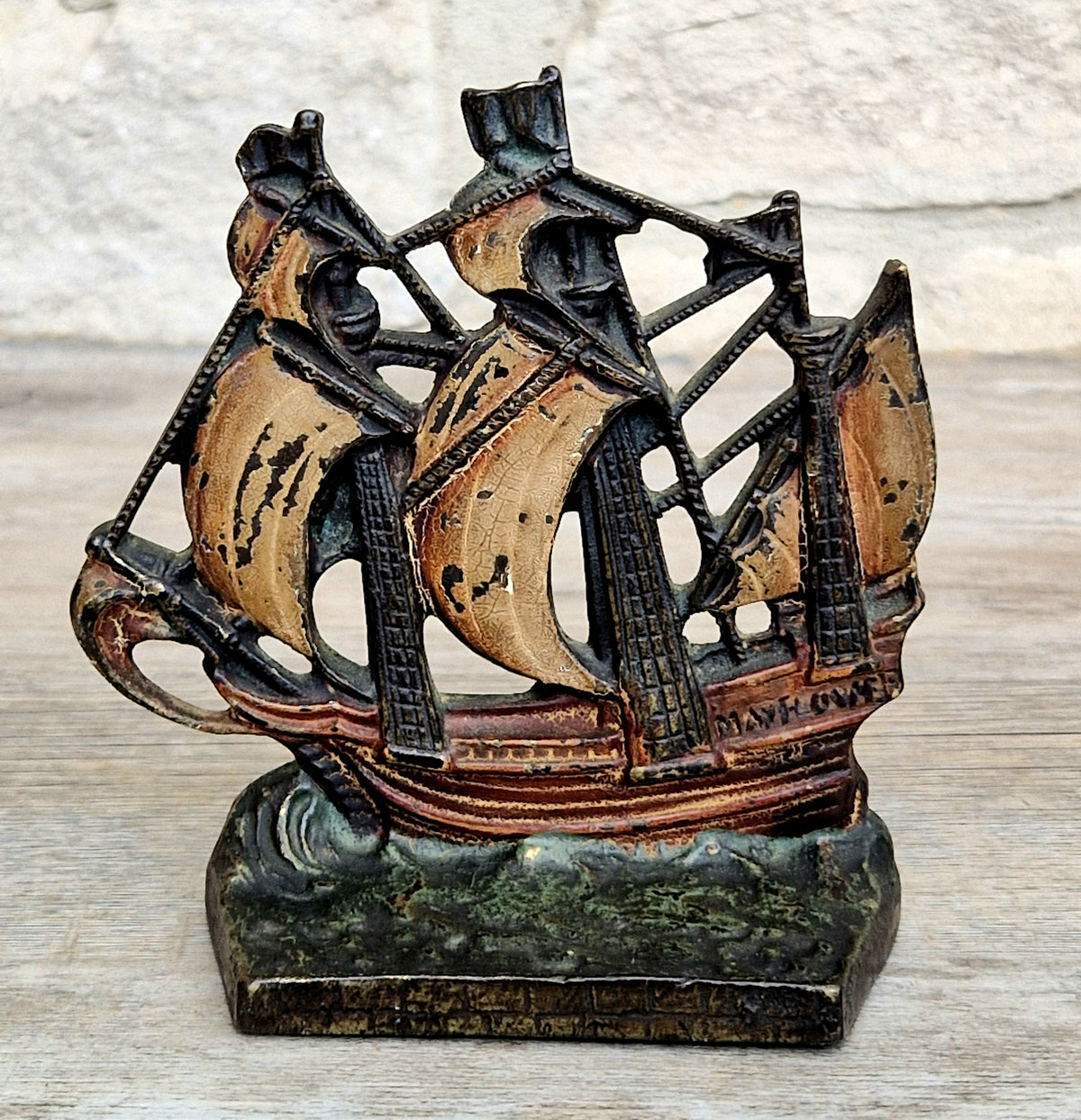 1920s Antique Sand Cast Bronze Mayflower Ship Bookend Paperweight Pattern 110 Original Paint