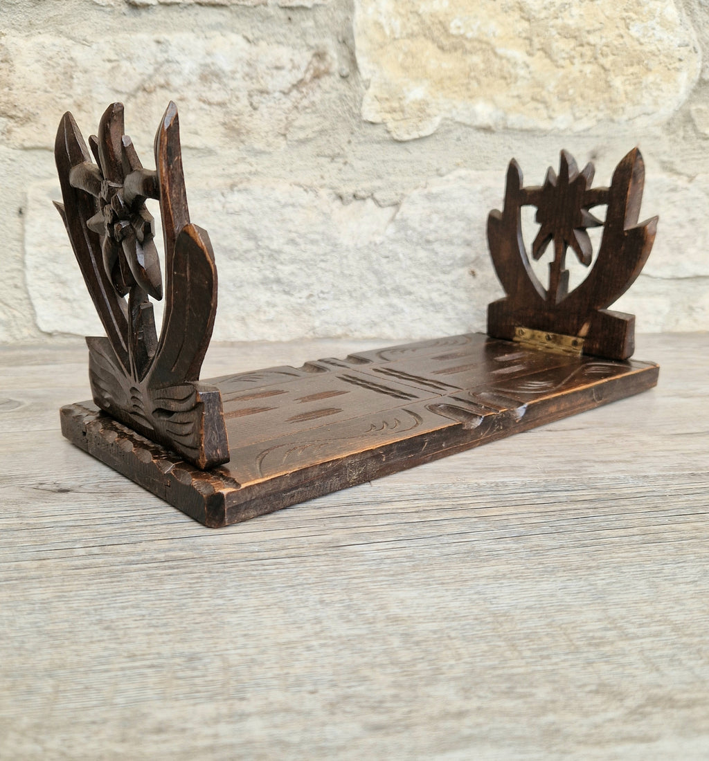 Antique Black Forest Carved Bookslide Continental Fruitwood Extending Book Shelf Rest c.1910