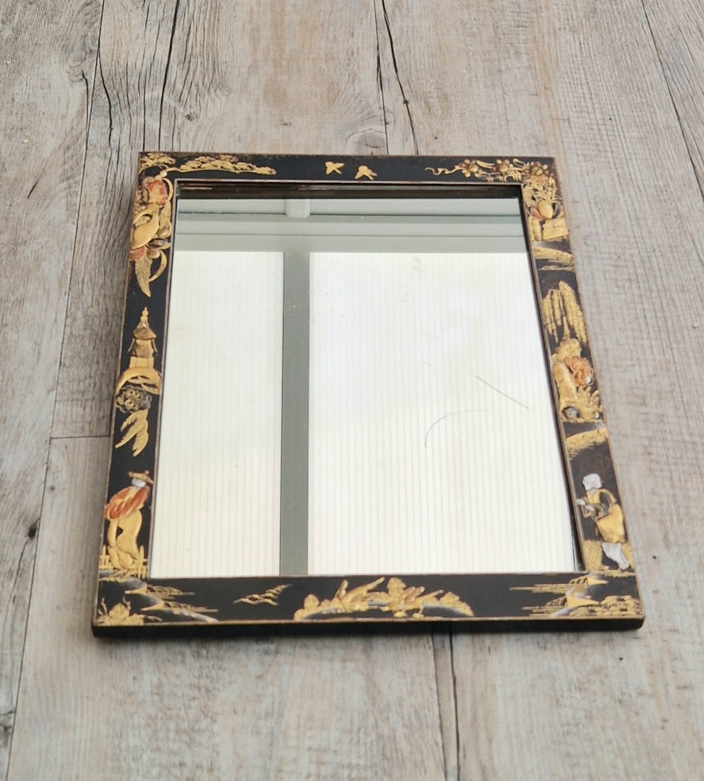 Antique Edwardian Chinoserie Black & Gilt Japanned Rectangular Wall Mirror