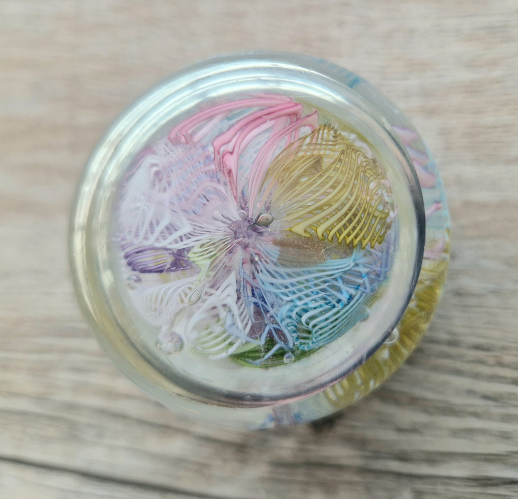 Vintage Murano Art Glass Paperweight with Scrambled Latticino & Zanfirico Canes