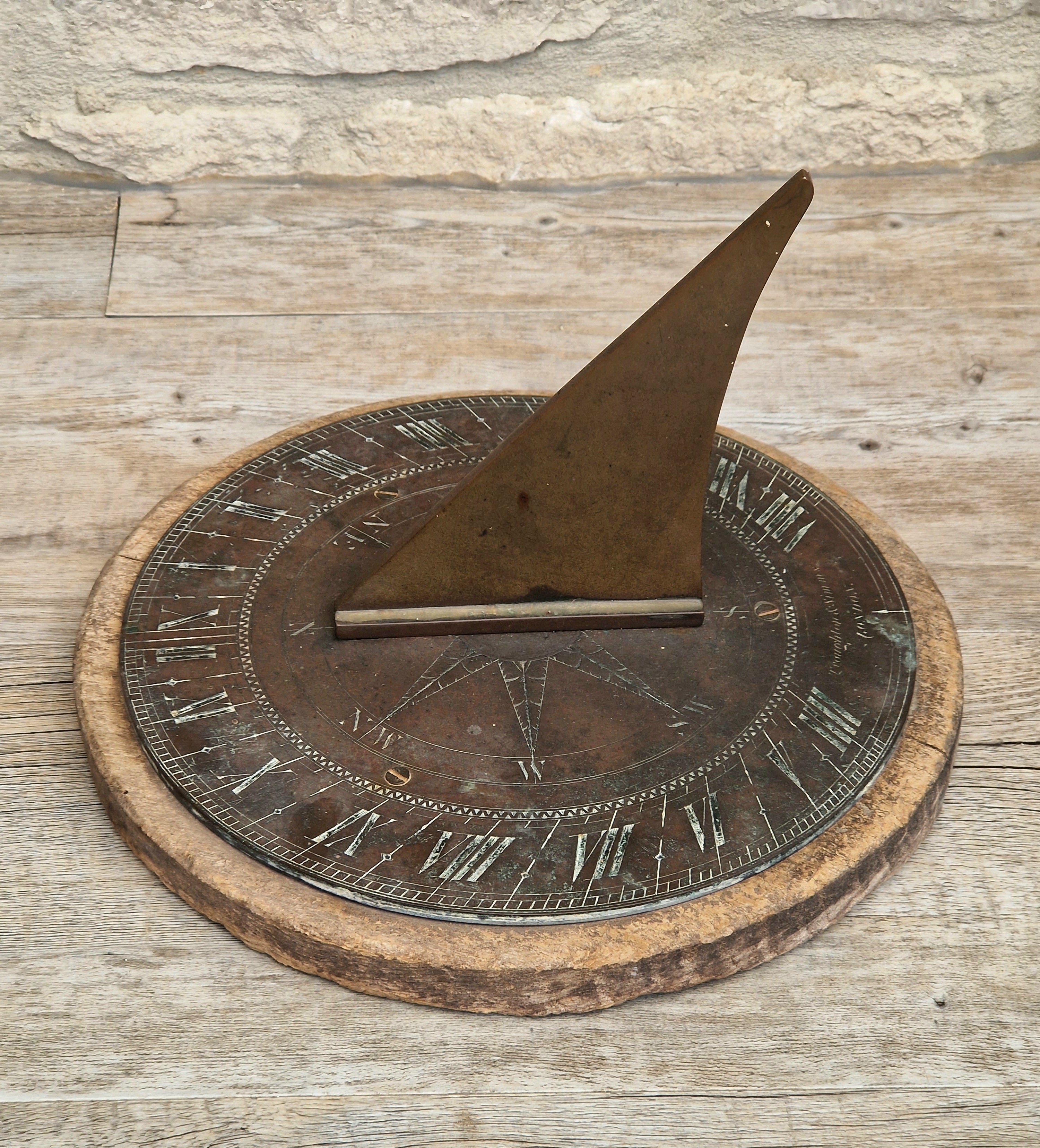 Antique Troughton & Simms London Brass Sundial, Mid-Victorian Horizontal Garden Dial Plate c.1850
