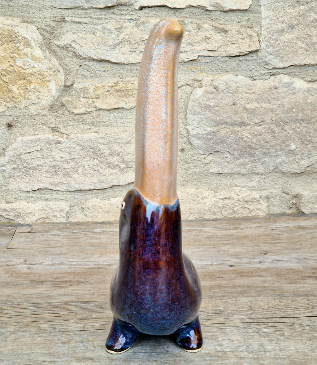 Rare 27cm Vintage Mid Century Ceramic Toucan Sculpture Mottled Treacle Blue Purple Art Pottery Bird