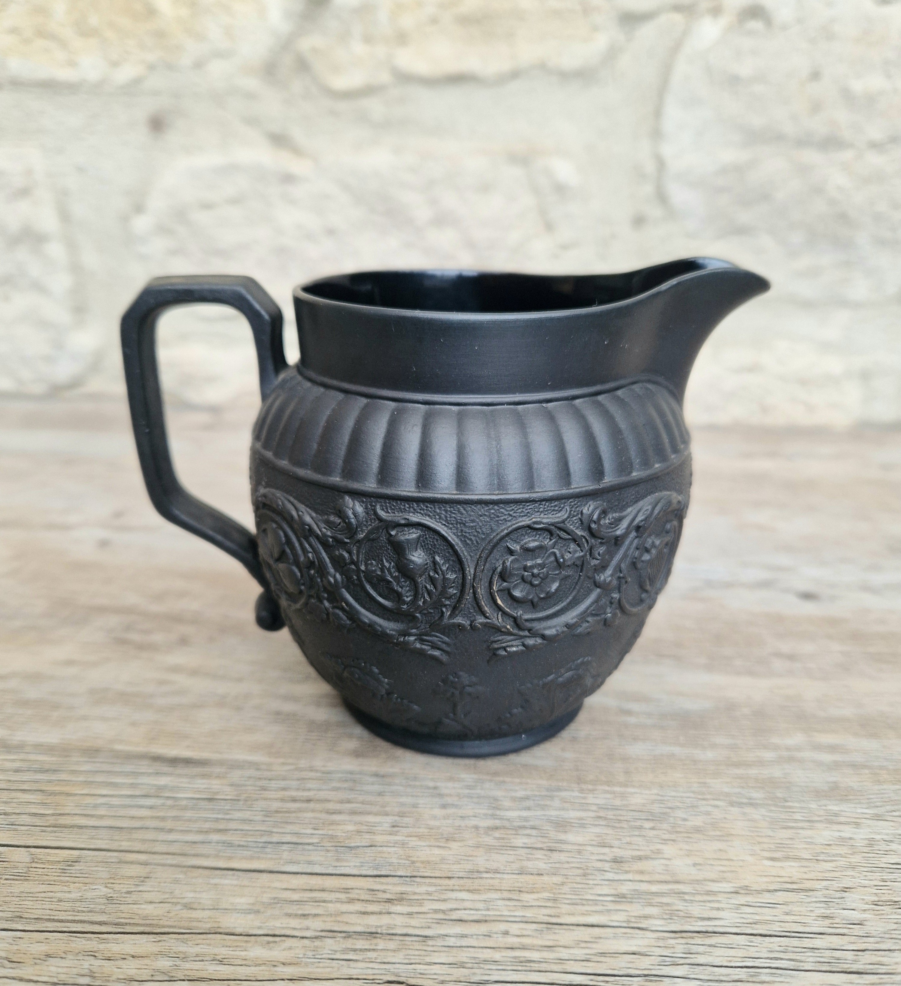 Antique Wedgwood Black Basalt Union Jug Creamer Pitcher Four Home Nations Relief Molded