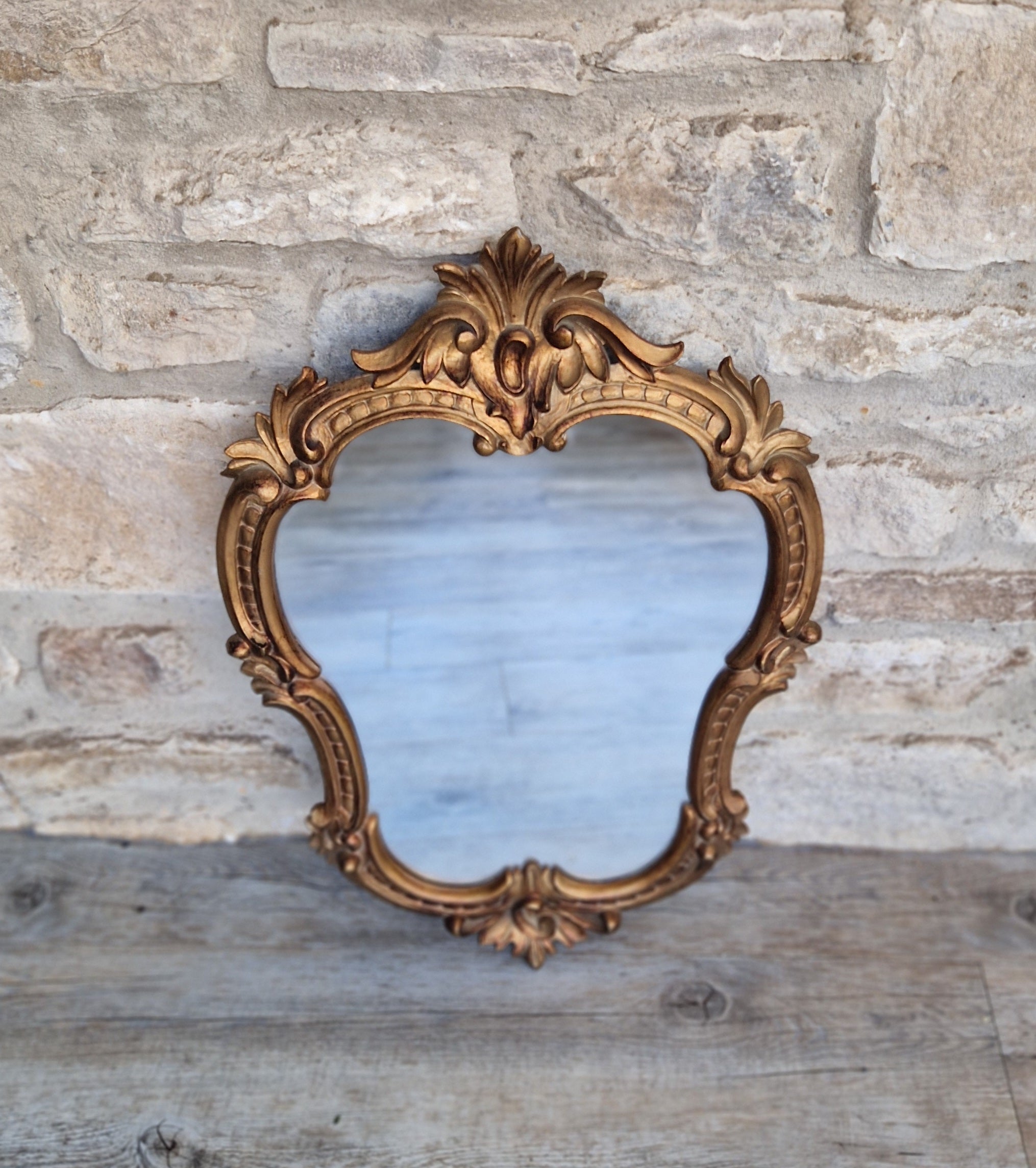 Vintage Italian Ornate Rococo Style Gilded Gold Wall Mirror 51cm x 35cm Stamped Italy