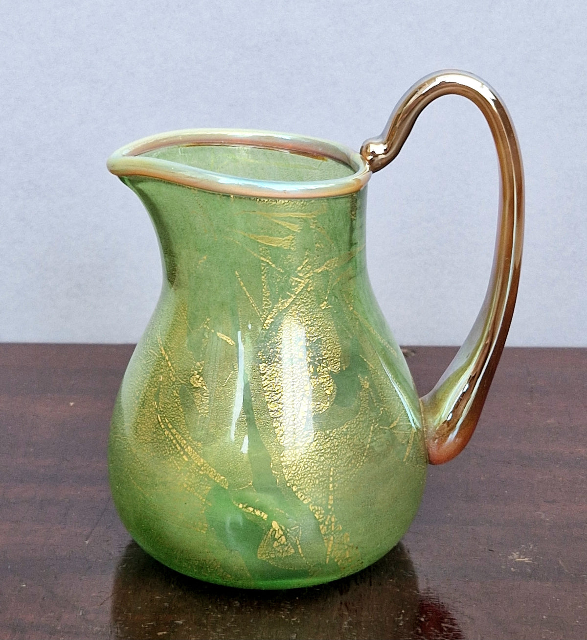 Antique Probable Salviati Dott. Murano Glass Jug, Green Gold Leaf, Venetian c.1875–1890, Handblown 13.5cm Rare