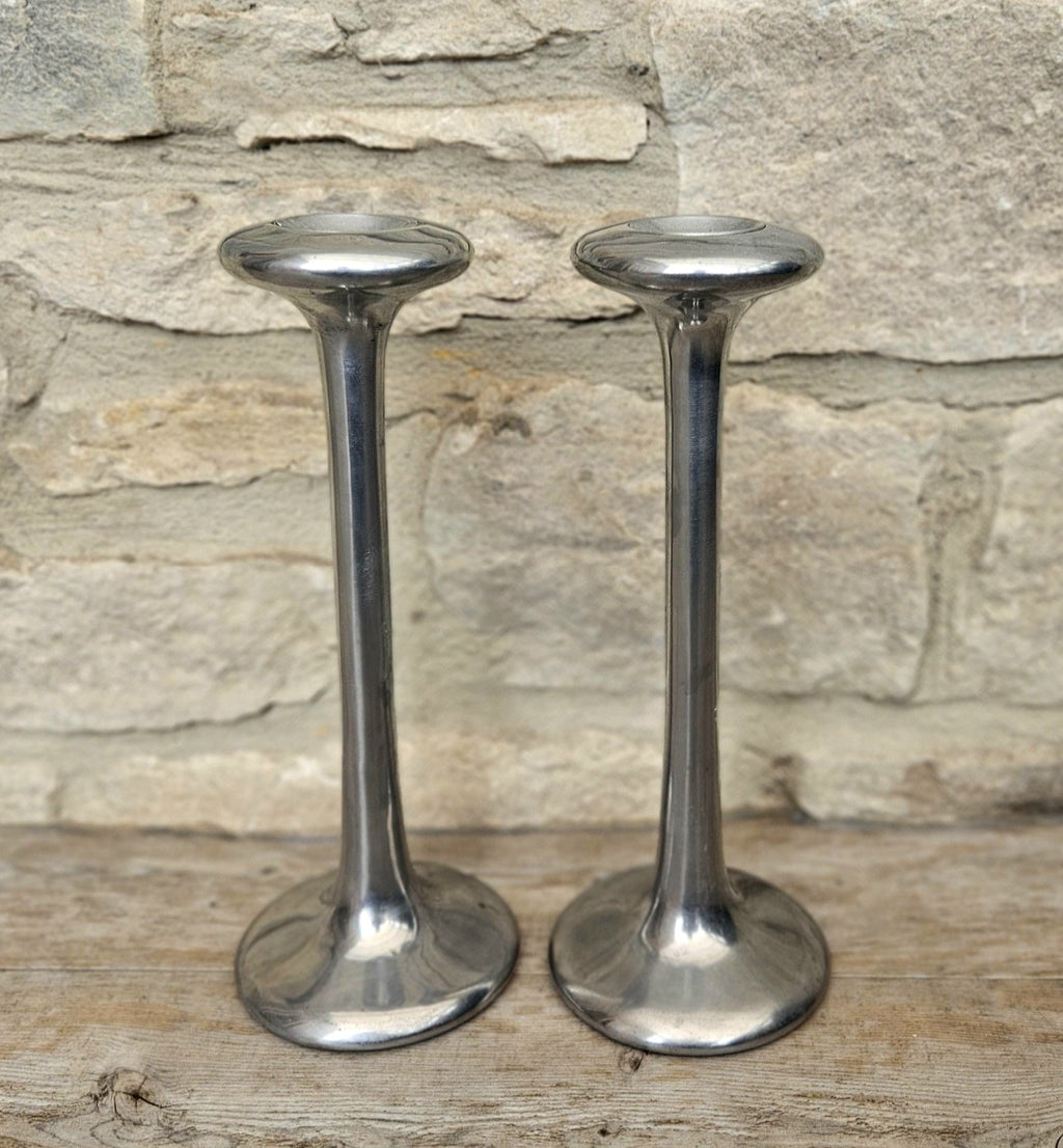 Pair Of Vintage Aluminium Tall Candlesticks 1990's Ikea Kagla Metal By Carl Ojerstam 25cm Tall