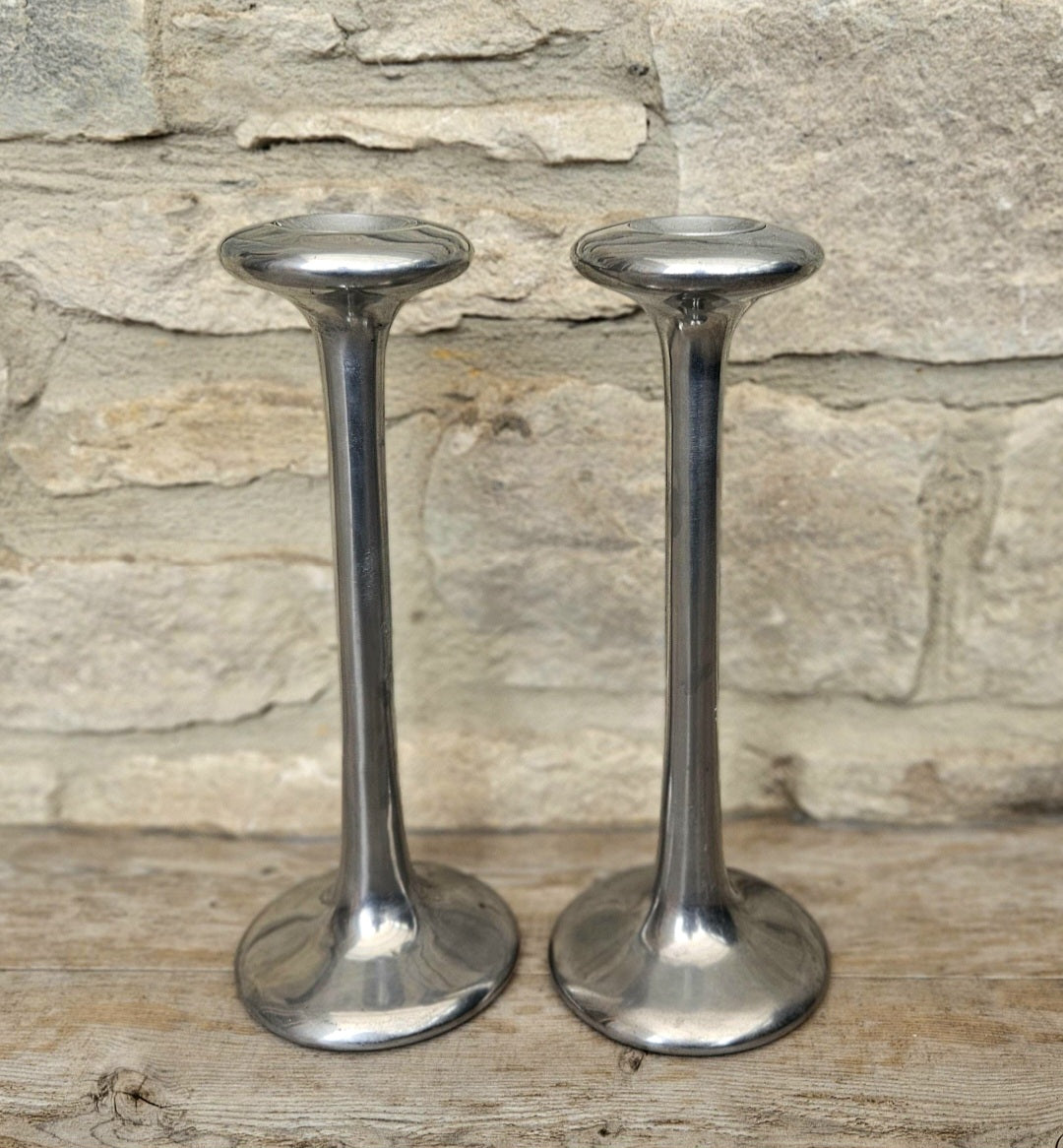 Pair Of Vintage Aluminium Tall Candlesticks 1990's Ikea Kagla Metal By Carl Ojerstam 25cm Tall