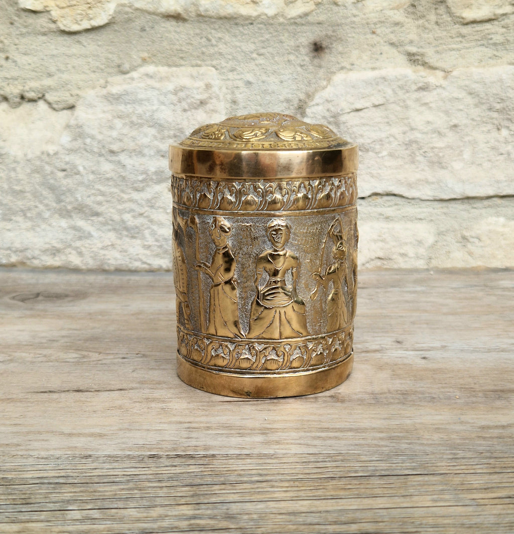 19th Century Brass Rapousse Betel Nut Lidded Decorative Canister