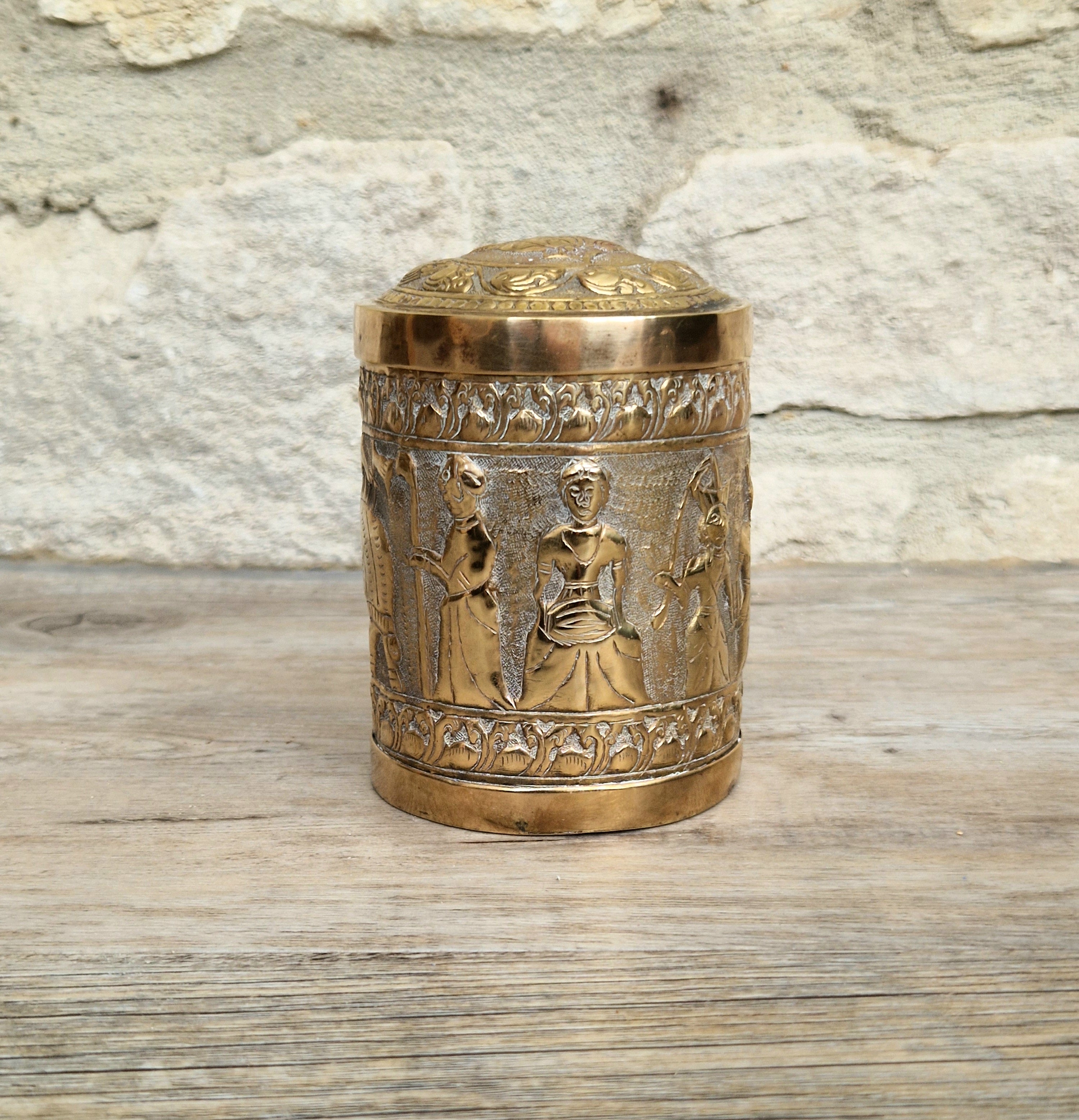 19th Century Brass Rapousse Betel Nut Lidded Decorative Canister