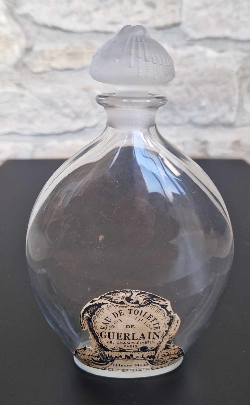 Guerlain Glass Perfume Bottle Dolphin Paper Label Frosted Stopper L'Heure Bleue 'Flacon Goutte' Empty 16.5cm