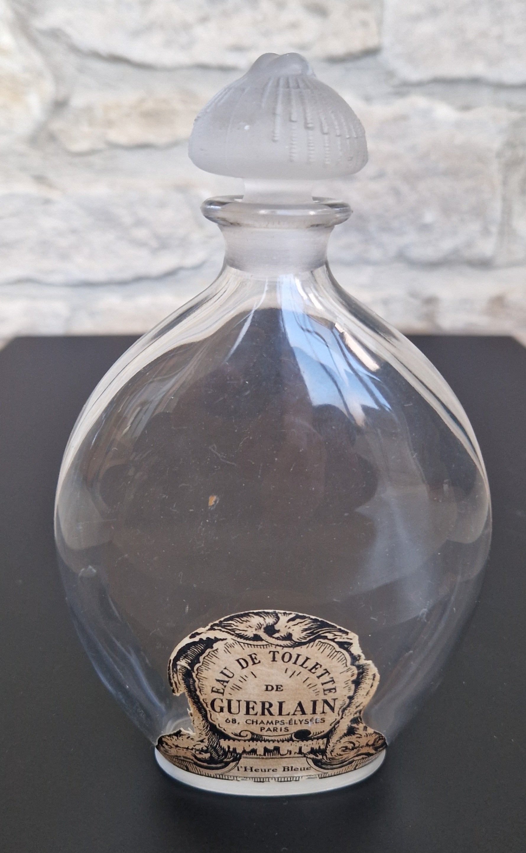 Guerlain Glass Perfume Bottle Dolphin Paper Label Frosted Stopper L'Heure Bleue 'Flacon Goutte' Empty 16.5cm