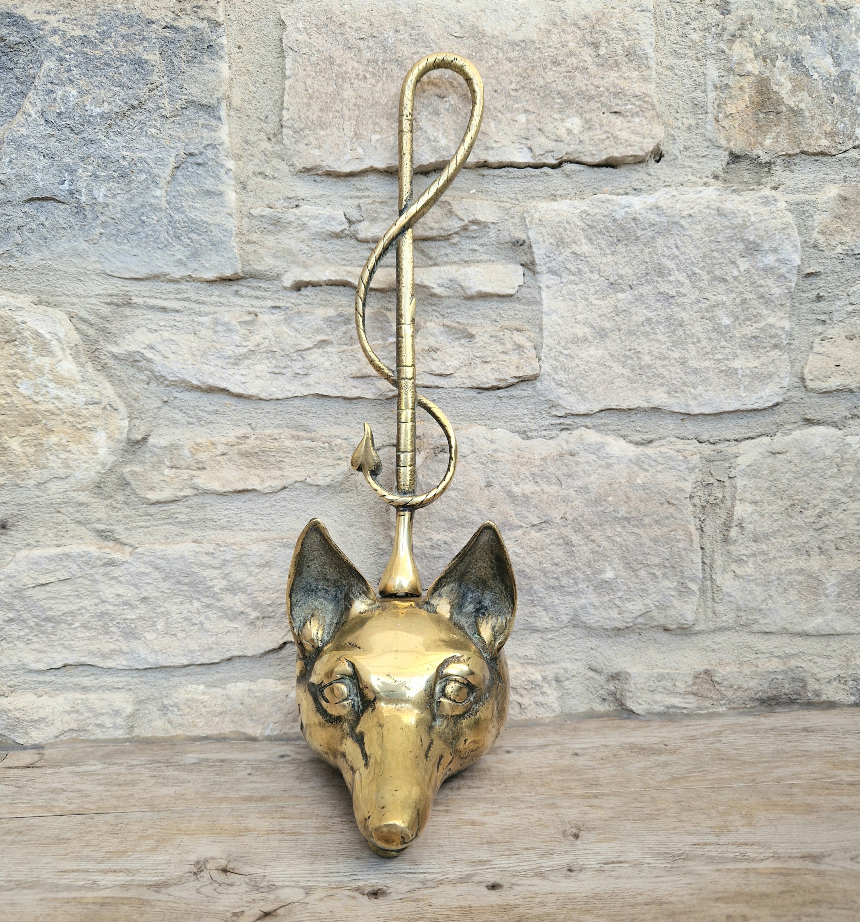 Antique Cast Brass Fox Head Door Porter Door Stop 19th C.
