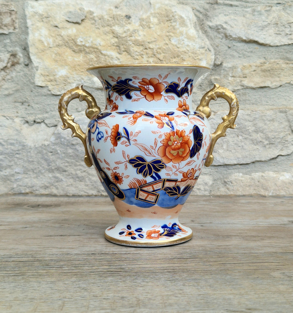 Early Mason's Ironstone China Vase Japan Fence Pattern, Gilt Handles 1820
