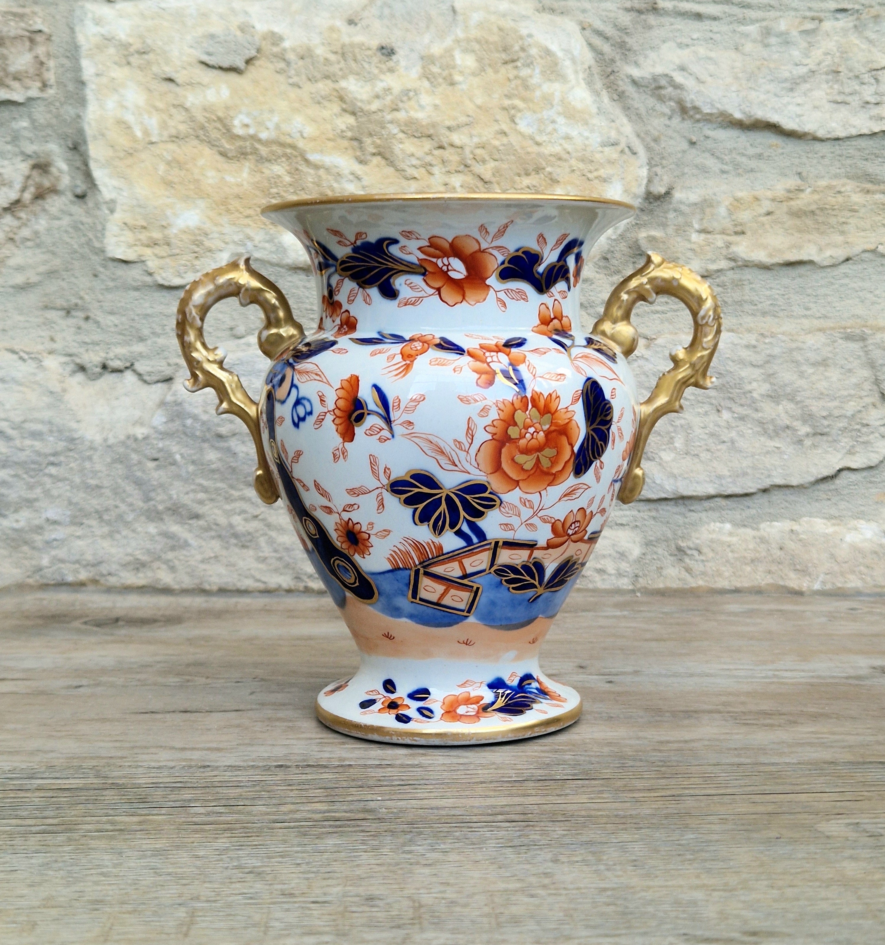 Early Mason's Ironstone China Vase Japan Fence Pattern, Gilt Handles 1820