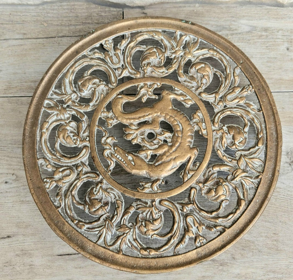 Vintage Filligree Ornate Brass Dragon Round Trivet Stand 20cm Diameter