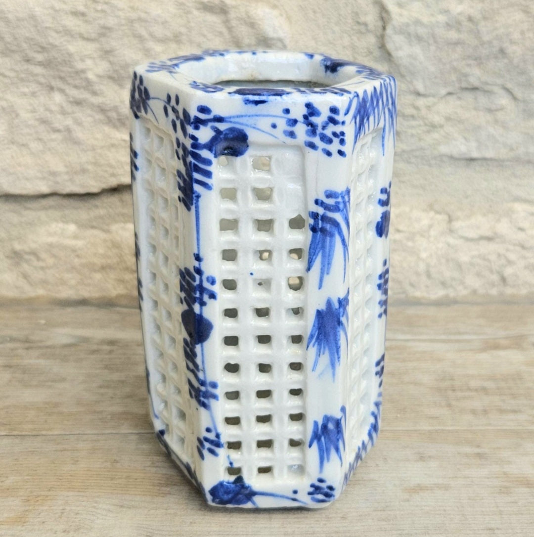 Vintage Japanese Porcelain Pen Pot Calligraphy Brush Holder Cricket Cage Vase Blue White Chinoiserie Decor