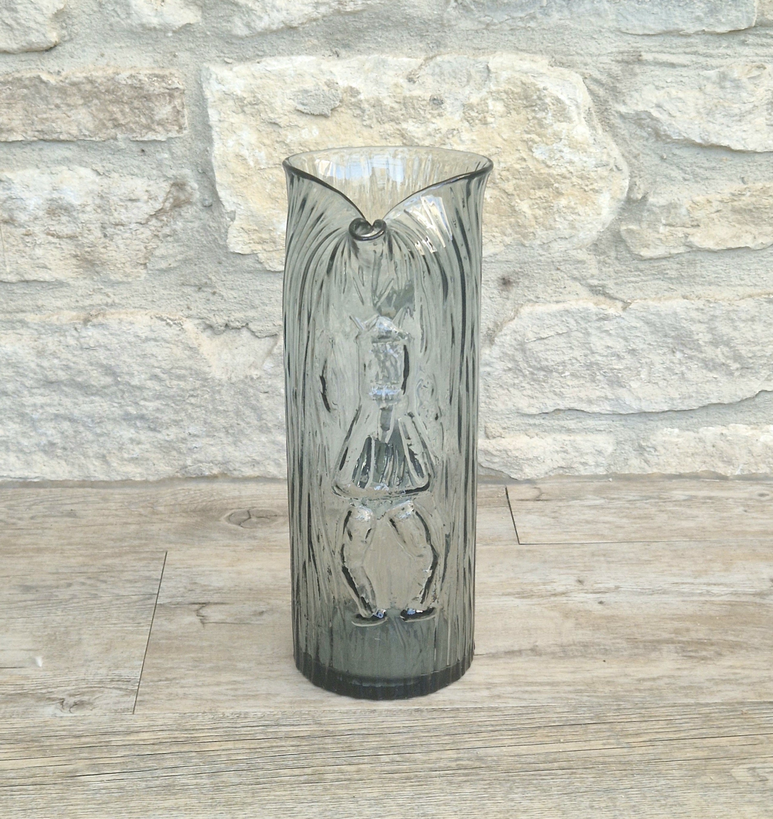 Björkshult Glassworks Sweden Hand Blown Mid Century Textured Smoke Glass 'Viking Pitcher Large