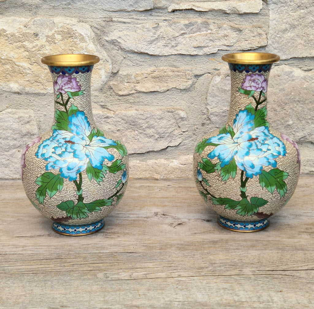 Pair Of Large Cloisonne Mirror Matched Peony Vases Mid 20th Century Exemplary Condition 23cm