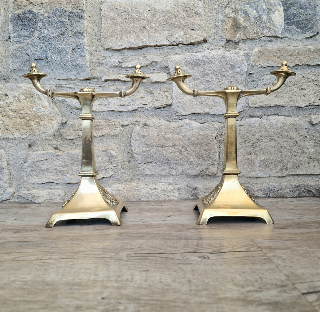 Louis XVI Revival Cast Brass Andirons Fire Dogs Wreath Relief Decoration Pair (c.1870–1900)