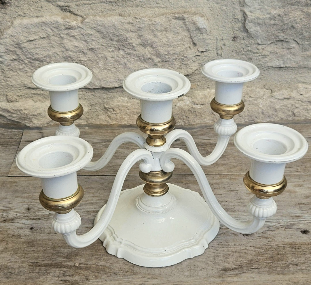 Vintage White Enamel and Gold Five Candle Candelabra Four Arm Elegant Metal Centerpiece
