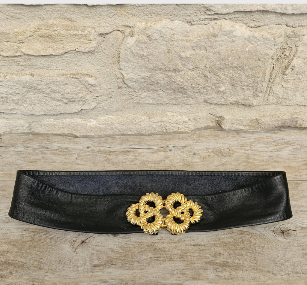 1980s Soft Black Leather Belt with Gold Metal Buckle 31" Long