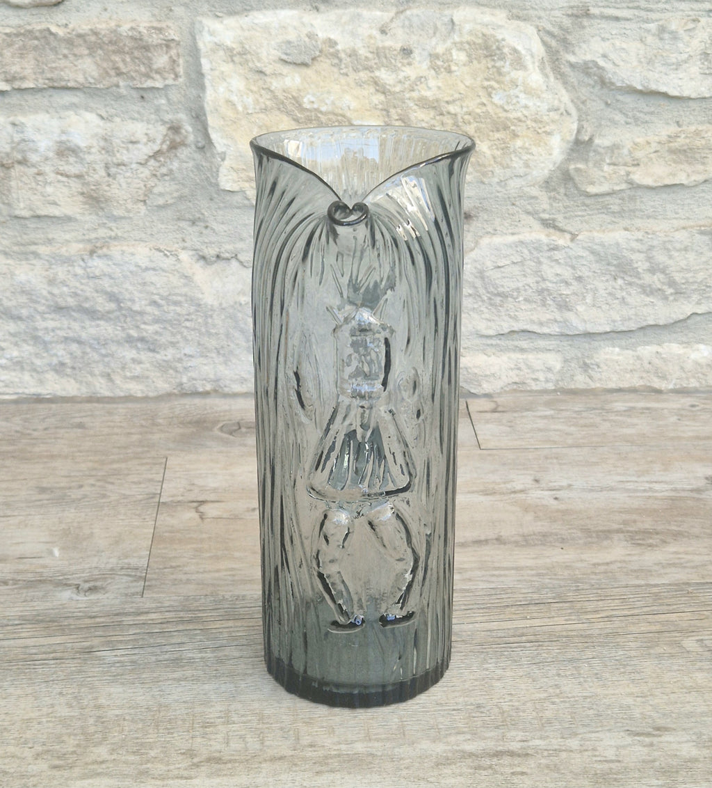 Björkshult Glassworks Sweden Hand Blown Mid Century Textured Smoke Glass 'Viking Pitcher Large