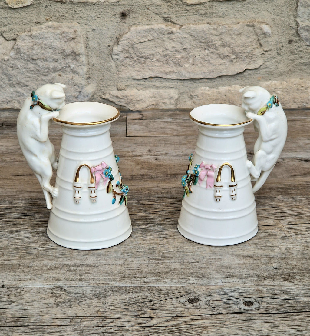 Antique Copeland Porcelain Cat Cream Churn Vases Pair Floral Applied Flowers Gilt 19th Century