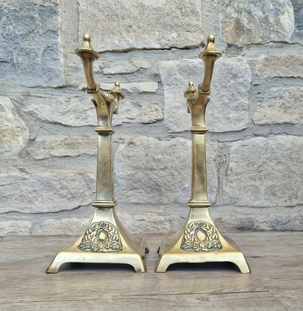 Louis XVI Revival Cast Brass Andirons Fire Dogs Wreath Relief Decoration Pair (c.1870–1900)