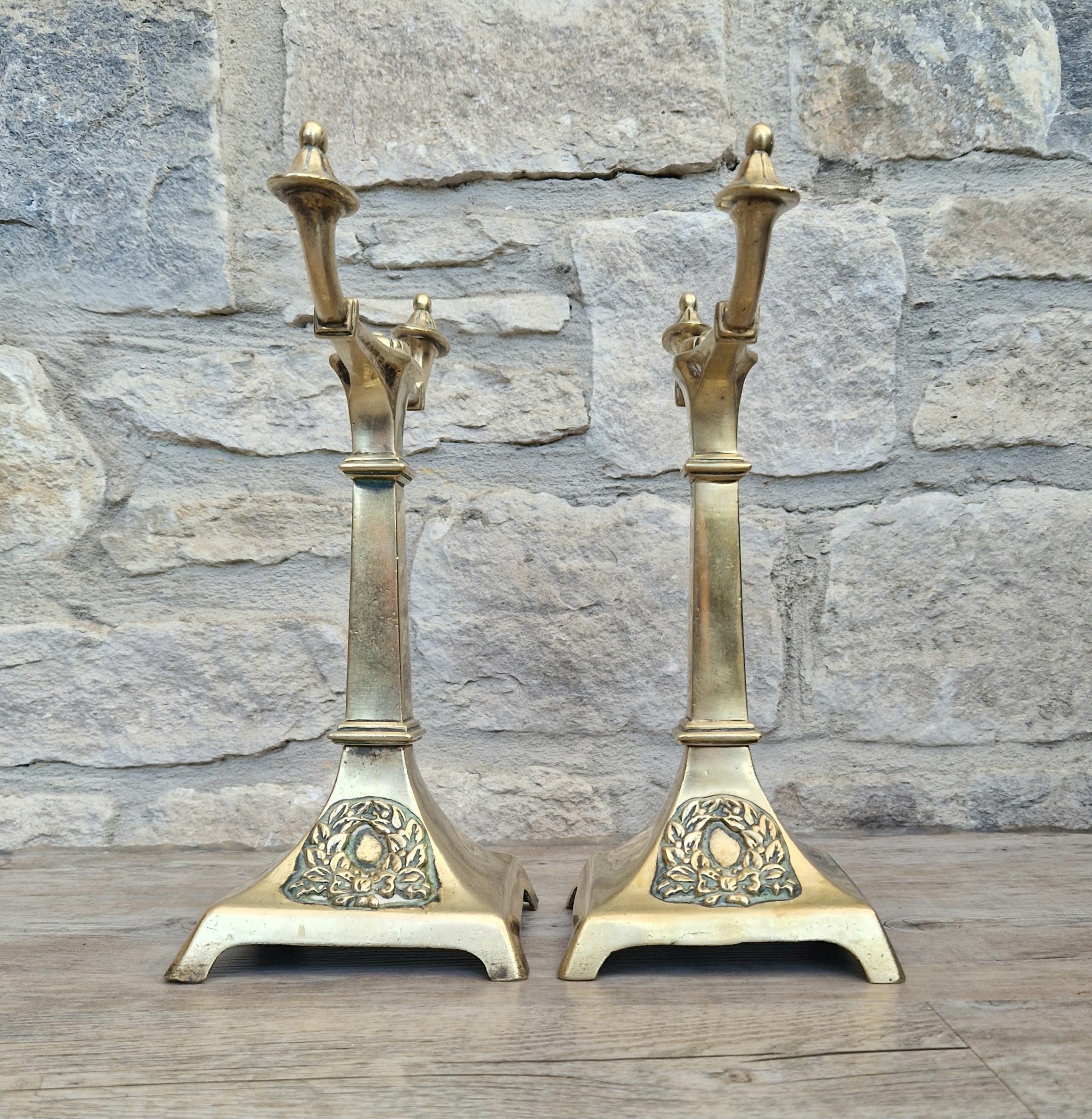 Louis XVI Revival Cast Brass Andirons Fire Dogs Wreath Relief Decoration Pair (c.1870–1900)