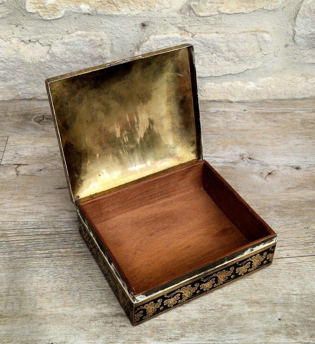 Vintage Brass Black Enamelled Large Ornate Teak-Lined Desk Cigar Box