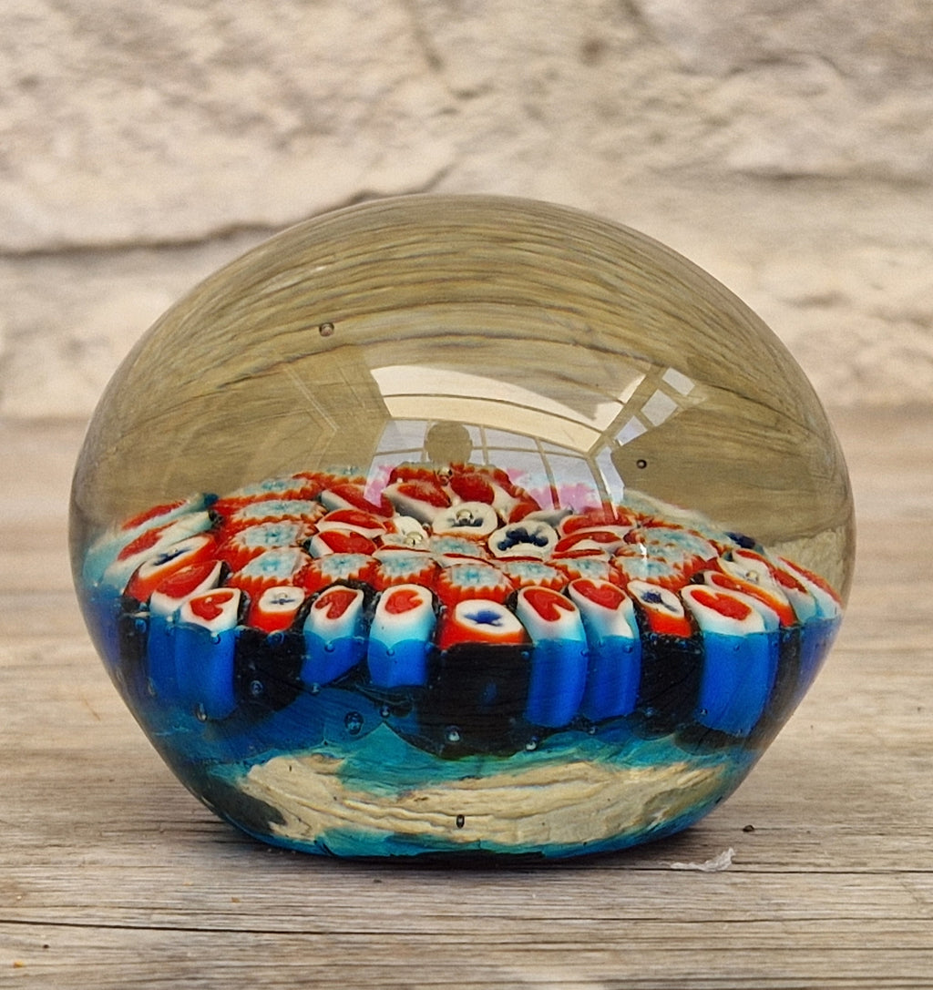 Vintage Murano Red and Blue Glass Hearts & Clubs Millifiore Round Paperweight