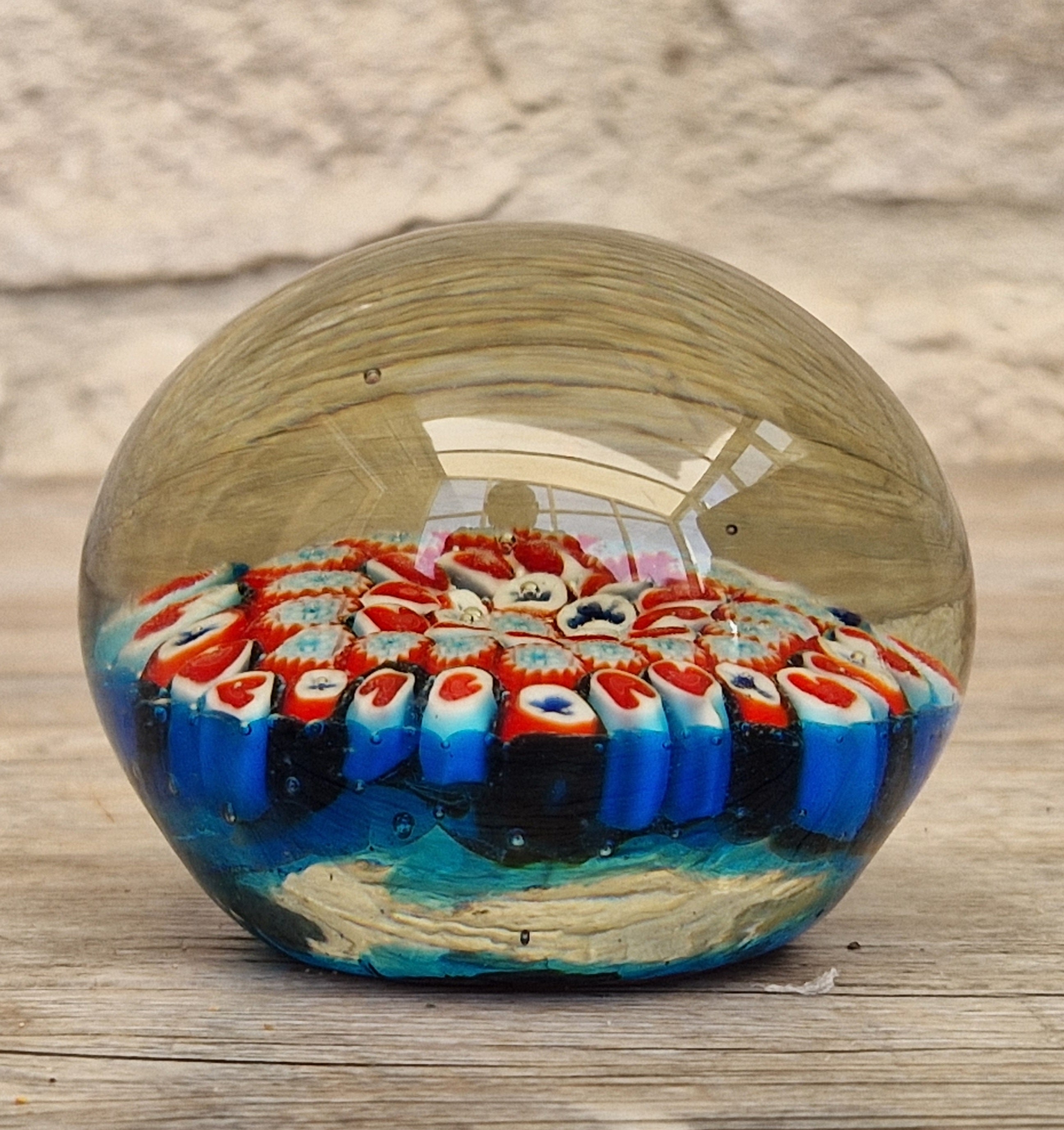 Vintage Murano Red and Blue Glass Hearts & Clubs Millifiore Round Paperweight