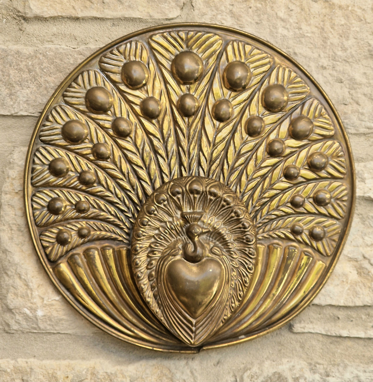 Rare Signed George Johnson Brass Peacock Wall Pocket Plaque 29cm Victorian Arts and Crafts 1880s