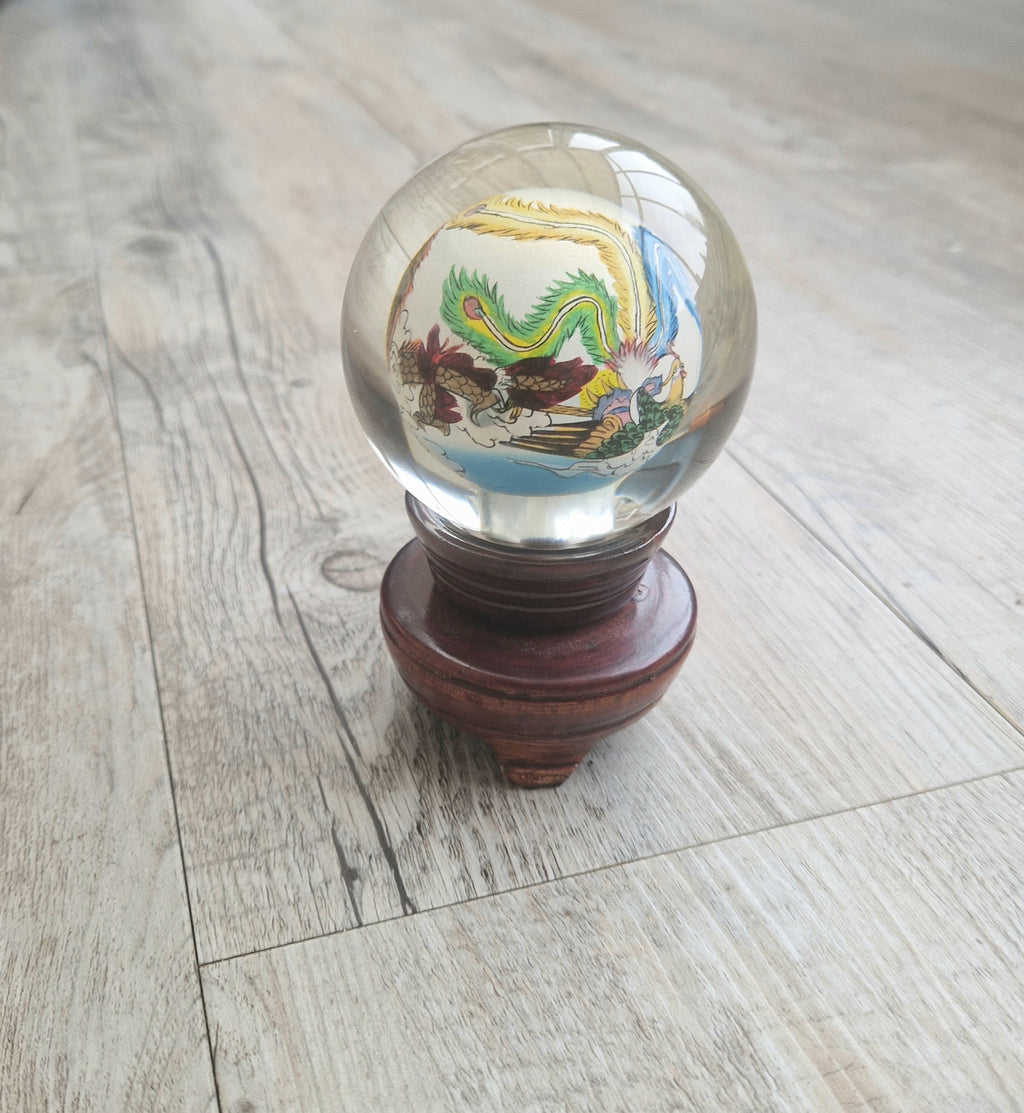 Vintage Chinese Reverse Painted Dragon & Pheonix Crystal Glass Ball Mounted Plinth
