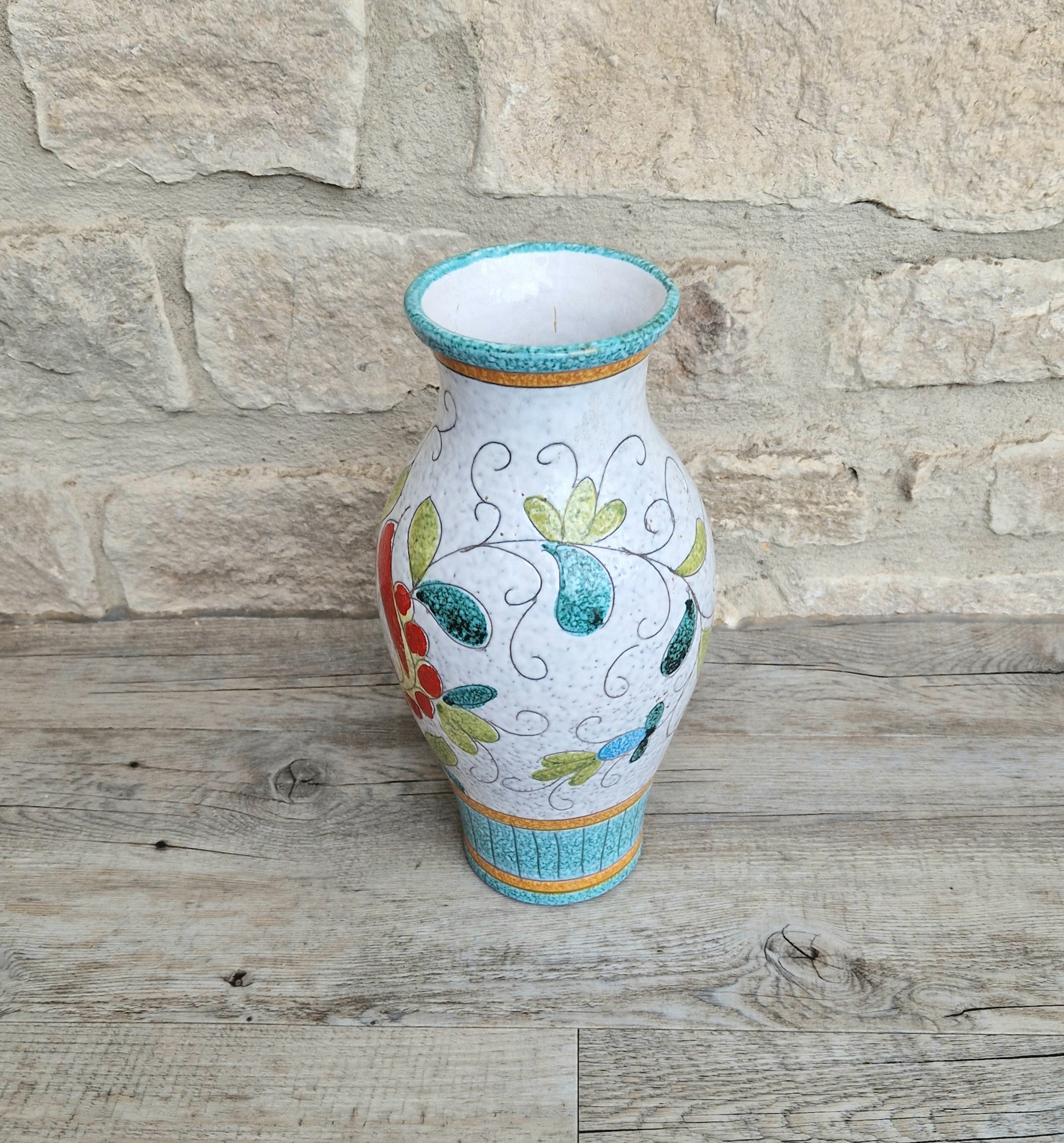 Vintage Large Italian Ceramic Floral Majolica Vase Sgraffito Technique Fratelli Fanciullacci 26cm Tall