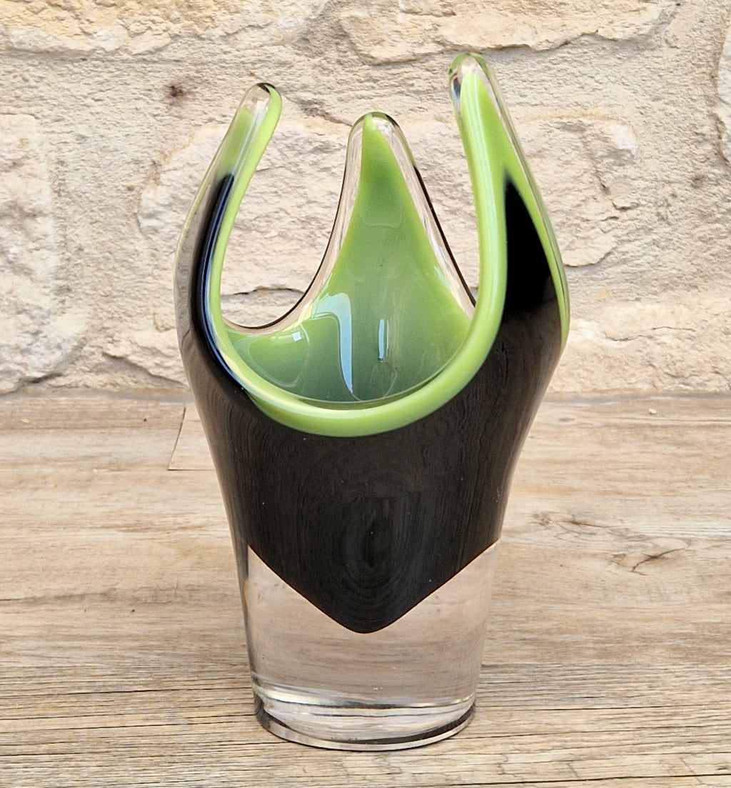Reijmyre Harlequin Vase Black & Green Signed Paul Kedelv Art Glass, 1958