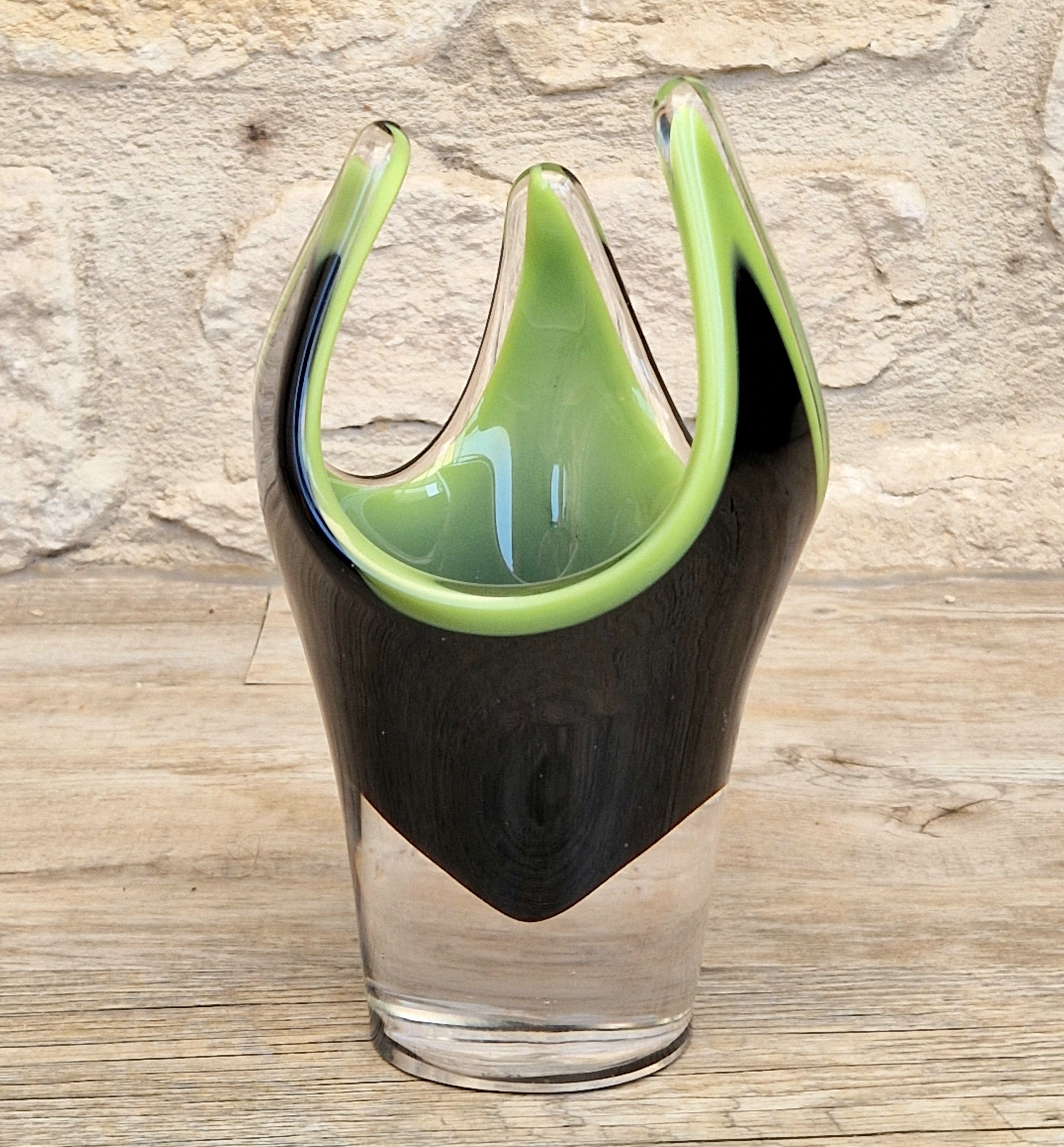 Reijmyre Harlequin Vase Black & Green Signed Paul Kedelv Art Glass, 1958