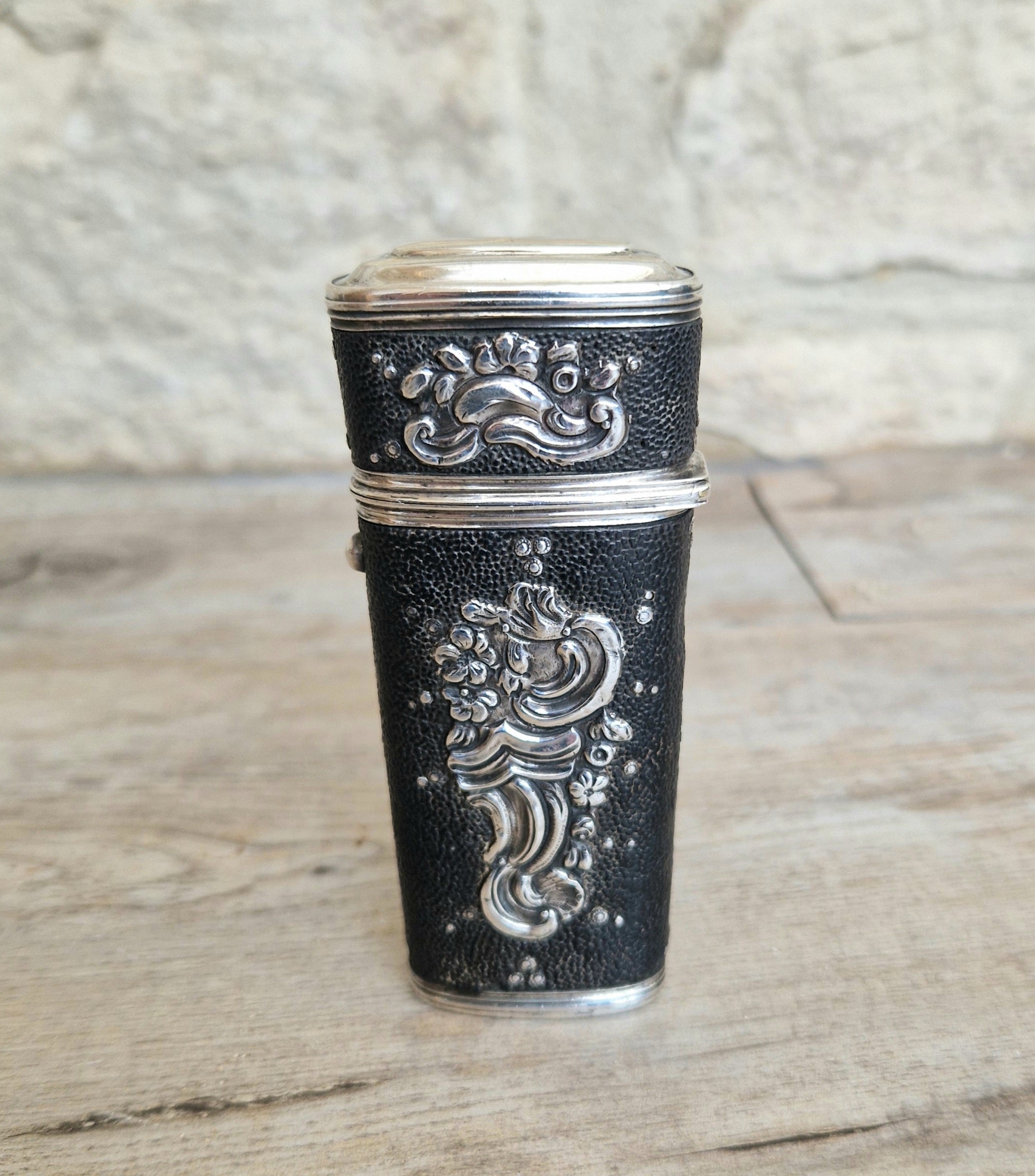 18th Century Etui French Black Shagreen & Silver Necessaire Case Rare Early Example